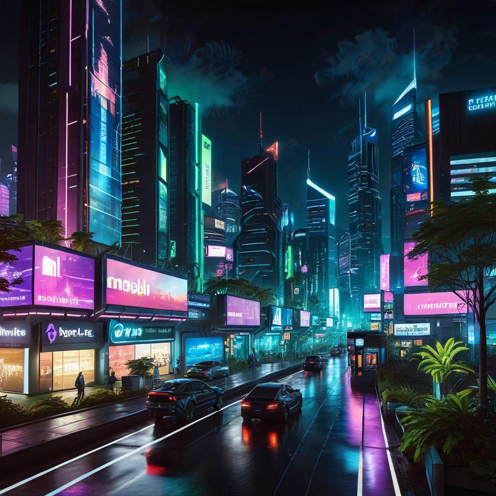 A futuristic cityscape at night with glowing skyscrapers and digital billboards advertising e-commerce platforms, interconnected by neon pathways symbolizing mobile networks. Lush greenery and parks dot the landscape, highlighting sustainability. Modern consumers engaging seamlessly across different devices like smartphones and VR headsets. 3D. vibrant colors. cyberpunk.