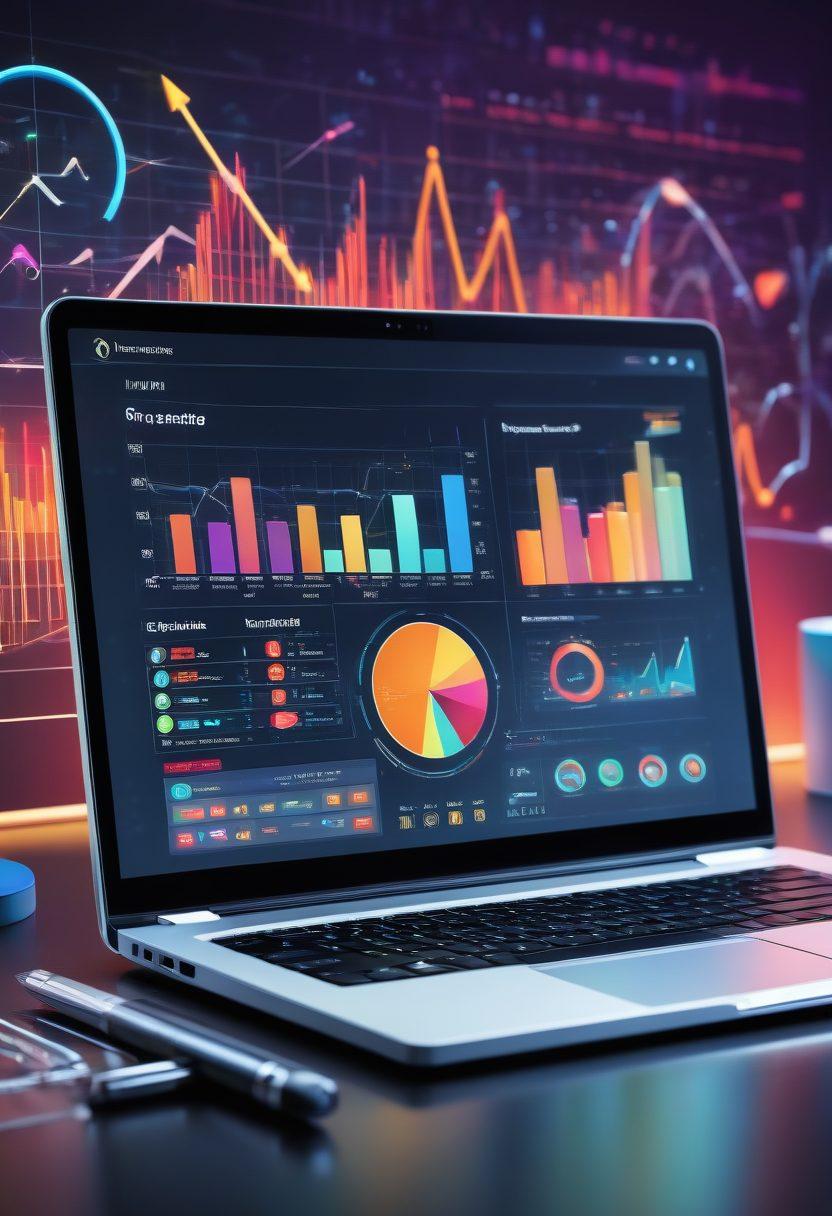 A sleek laptop displaying a modern analytics dashboard with graphs and numbers, surrounded by magnifying glasses, SEO icons, and vibrant arrows pointing upwards. It symbolizes growth and insights in a digital environment. The background should incorporate elements of a grid representing data flow. super-realistic. vibrant colors. high-tech aesthetics.